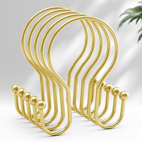 AmazerBath Shower Curtain Hooks Gold Shower Curtain Rings, Simple Double Hook Shower Curtain Hooks Rust Proof, Metal Smooth Shower Hooks for Shower Curtain Rod, 12 Pcs Shower Rod Hook Light Gold - color: Light Gold, style: Minimalist - Double Shower Hooks