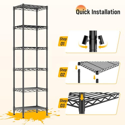 DurayLoly 63.8" H 6-Tier Narrow Storage Shelves, 265lbs, Adjustable, Pantry | Slim 15.8"Wx11.8"D, Leveling feet+anti-tip, Rustproof, 15-min tool-free assembly, For kitchen, bath, laundry, pantry, closet - size: 15.8"W x 11.8"D x 63.8"H