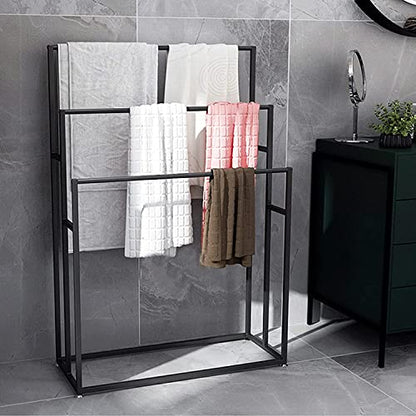 3 Tier Standing Towel Rack - Extra Wide Large Bathroom Towel Stand, Heavy-Duty Metal Towel Drying Rack for Poolside (Matte Black, 25.6” Wide) - color: Matte Black