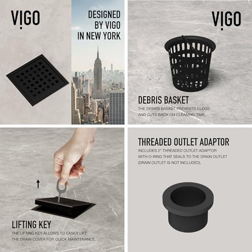 VIGO Elan 4.38 in. W x 4.38 in. L Square Shower Drain in Matte Black - VG07004MB - color: Matte Black, size: 4 in.