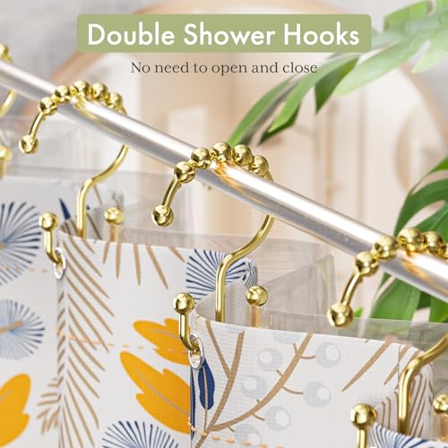 Gold Shower Curtain Hooks Rings, Stainless Steel Shower Curtain Rings, 12Pcs Double Glide Shower Hooks for Bathroom Shower Curtain Rods Dual Rust-Resistant Shower Rings - color: Polished Golden, style: Double Hooks