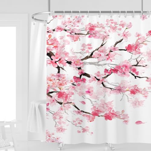 Clawfoot Tub Shower Curtain, Extra Wide, Pink Floral, 180" W x 70" L | 31 Hooks, Japanese Sakura Watercolor Pattern, Elegant Cherry Blossom Art, Cute Girly All Around Bathroom Decor - color: Pink White, size: 180"W x 70"L (Pack of 1)