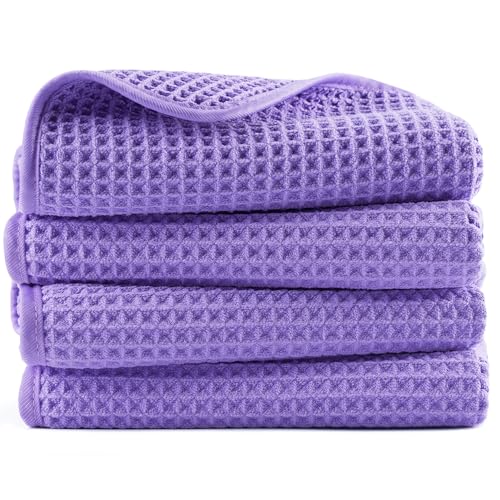 POLYTE 430 GSM Poly Blend Microfiber Quick Dry Waffle Hand Towel, 16x30 in | 4 Pack, Oversize, Lint Free, Quick Dry, Hanging Loop - color: Purple
