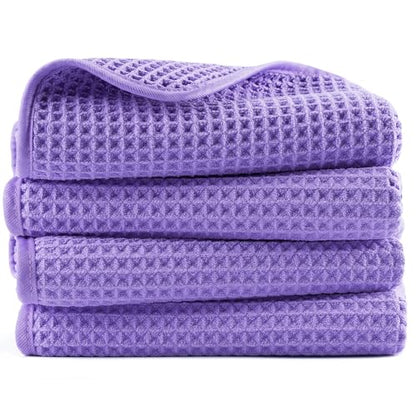 POLYTE 430 GSM Poly Blend Microfiber Quick Dry Waffle Hand Towel, 16x30 in | 4 Pack, Oversize, Lint Free, Quick Dry, Hanging Loop - color: Purple