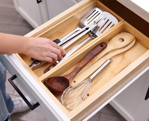 Fabsome Kitchen Utensil Drawer Organizer, Bamboo Silverware Cutlery Flatware Organizer Bins, Wooden Container Storage Trays for Bathroom Vanity Junk Drawer, 15" x 6" Set of 2 - size: 2''H 2 Boxes