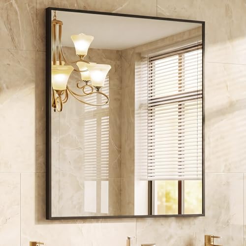 DUMOS Bathroom Mirror for Over Sink, 36"x30" Rectangle Wall Mount Mirror | Modern Vanity Mirrors with Tempered Glass and Metal Frame, Anti-Rust, Horizontal or Vertical for Home Decor, Black - color: Black-right Angle, size: 36"L x 30"W