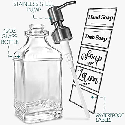 JASAI Antique Design Soap Dispenser with Rust Proof 304 Stainless Steel Pump, Refillable Glass Soap Dispenser with 10Pcs Clear Stickers, Premium Kitchen & Bathroom Soap Dispenser | Refillable Glass Soap Dispenser with 10Pcs Clear Stickers, Premium Kitchen