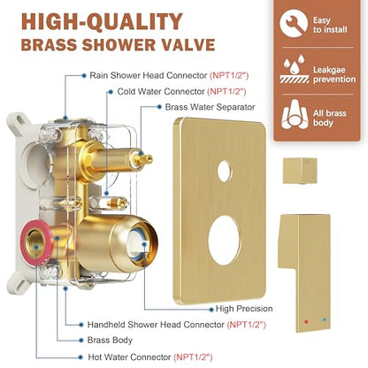 10" Rain Gold Shower System with Handheld & Valve, Brushed Gold | Wall-Mounted High-Pressure Shower Faucet Combo Set, 10-Inch Rain Shower Head with Handheld Spray,Includes Valve and Trim Kit - color: Brushed Gold 10