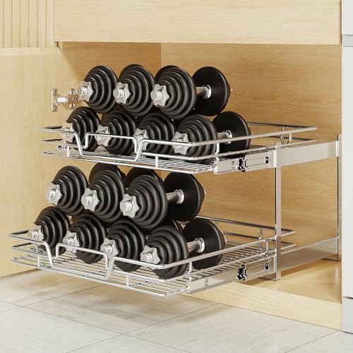 2-Tier Kitchen Cabinet Pull Out Shelf and Drawer Organizer Slide Out Pantry Storaqe Basket in Multiple Sizes (15" W x 21" D) - size: 15" W x 21" D