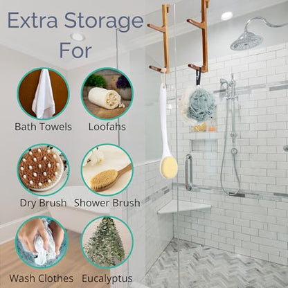 TERRA HOME Towel Hooks for Shower Glass Door - Natural Wood, Heavy Duty, Moisture Proof, Large Hooks - Shower Door Towel Hook - No Drill Bathroom Organizer