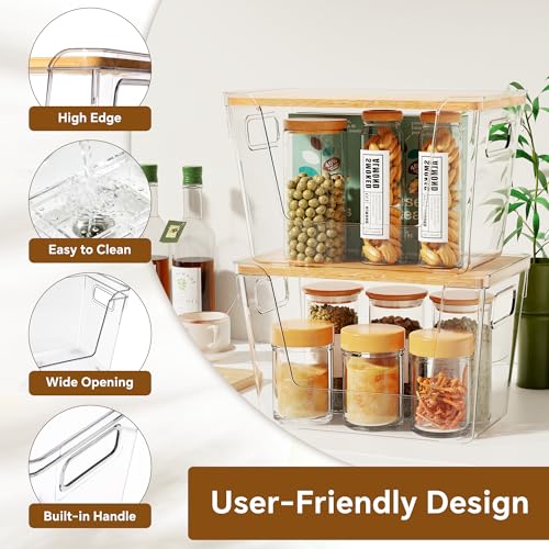 2 Set Pantry Organizers and Storage with Bamboo Lids, Stackable Clear Bins for Onion, Potato, Fruit, Vegetables, Trash Bag Dispenser, Kitchen and Under Sink Organizer - size: 2 Pack Large