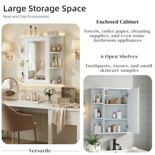 Merax Bathroom Medicine Cabinet, Bathroom Mirror Cabinet Wall Mounted with 6 Side Open Shelves, White Wall Cabinet with Mirror, White - color: White, style: With Mirror