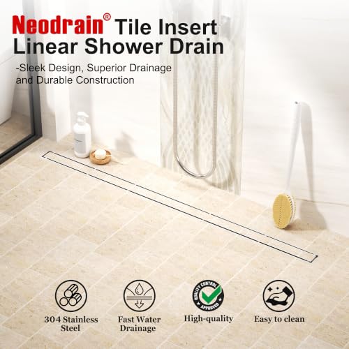 Neodrain 60-Inch Linear Shower Drain-Brushed,with Tile Insert Grate | 304 Stainless Steel, Fast Drainage, Rectangle Shower Floor Drain with Leveling Feet & Hair Strainer, Fits Bathroom, Balcony - color: Brushed, size: 60 IN