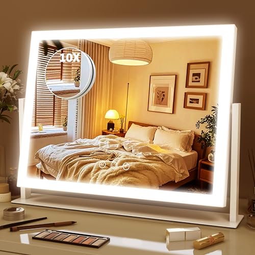 ROLOVE Lighted Makeup Mirror 16.3"x12.6", Hollywood Vanity Mirror with 10X Magnifier, 3 Color LED Lighting Modes, Smart Touch Control & 360° Rotation, Tabletop Makeup Mirror (White, Gift Ready) - size: 16.3"L x 12.6"W