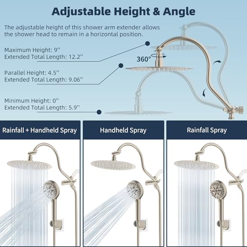 Hibbent All Metal CUPC Certified Shower Head, 10'' High Pressure Rainfall Shower Head, Handheld Showerhead Combo with 12'' Adjustable Extension Arm, 10-Spray, 71'' Hose, Shower Holder, Brushed Nickel - color: Brushed Nickel, style: Round 10''