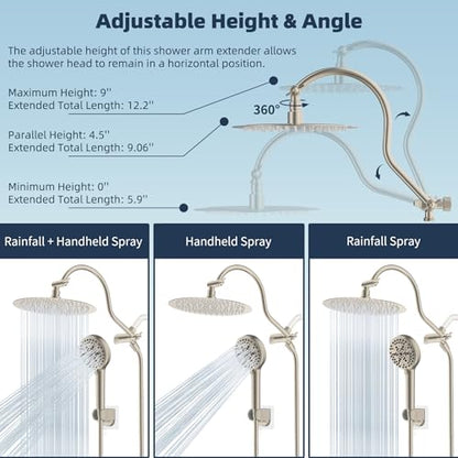 Hibbent All Metal CUPC Certified Shower Head, 10'' High Pressure Rainfall Shower Head, Handheld Showerhead Combo with 12'' Adjustable Extension Arm, 10-Spray, 71'' Hose, Shower Holder, Brushed Nickel - color: Brushed Nickel, style: Round 10''