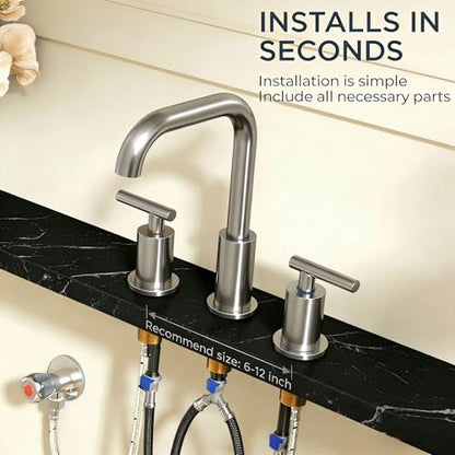 FORIOUS Bathroom Sink Faucet 3 Hole Widespread 8 Inch Brushed Nickel | 6-12 inch Widespread Sink Faucet with 2 Handles, Pop Up Drain and Water Supply Supplies for Vanity Restroom RV Lavatory Sink - color: Stainless Steel