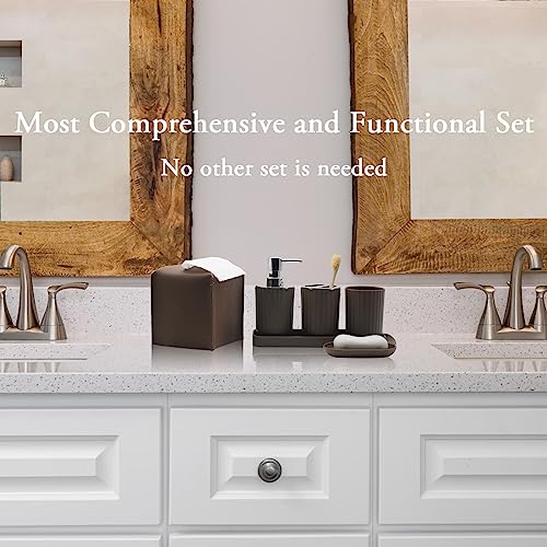 Bathroom Accessory Set, 10 Piece Brown Bathroom Set Complete | Includes Trash Can, Soap Dispenser, Toothbrush Holder, Soap Holder, Tumbler, Toilet Brush, Tray, Qtip Holders, Tissue Cover - color: Brown