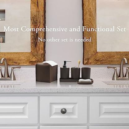 Bathroom Accessory Set, 10 Piece Brown Bathroom Set Complete | Includes Trash Can, Soap Dispenser, Toothbrush Holder, Soap Holder, Tumbler, Toilet Brush, Tray, Qtip Holders, Tissue Cover - color: Brown