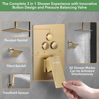 VANFOXLE Shower System Brushed Gold Shower Faucet Set, Push Button Diverter | 10 Inch Ceiling Mount Rain Head Increased Thick, 6 Inch Side Head, 2-in-1 Handheld Sprayer, Solid Brass Valve, Rust Resistant - color: Brushed Gold, style: 10"+6" Head