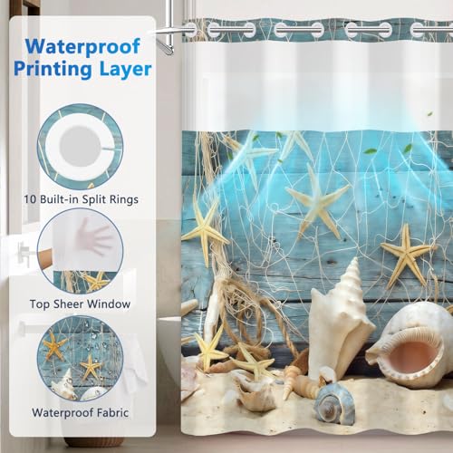 Shower Curtains for Bathroom No Hooks Needed, Beach Fishing Net Design No Hooks Shower Curtain with Snap in Liner and See Through Window, Double-layer Waterproof Shower Curtain with Weighted Bottom - color: Fishing Net