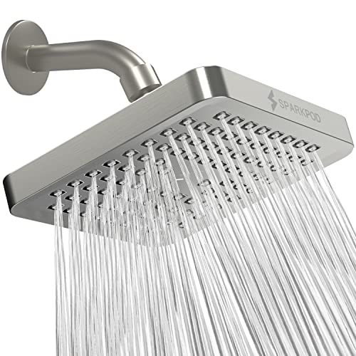 SparkPod Rain Shower Head, 6 Inch Square, Elegant Brushed Nickel Finish | High Pressure Shower Heads, 90 Nozzles, Adjustable Showerhead, No Tools Needed, Universal Connection - color: Elegant Brushed Nickel, style: 6 Inch Square