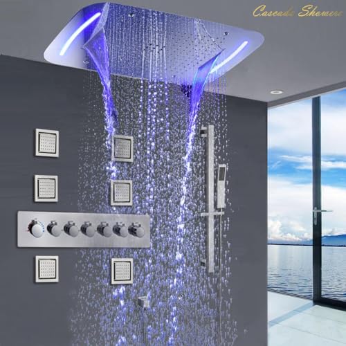 Cascada Luxurious Design 17"x28" Recessed LED Shower System with 6 Functions (Rainfall, Waterfall, Rain Curtain, Misty, 4"Body Jets & Handheld), & Shower Sliding Bar (Oil Rubbed Bronze) - color: Oil Rubbed Bronze