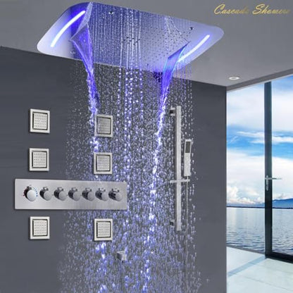Cascada Luxurious Design 17"x28" Recessed LED Shower System with 6 Functions (Rainfall, Waterfall, Rain Curtain, Misty, 4"Body Jets & Handheld), & Shower Sliding Bar (Polished Gold) - color: Polished Gold