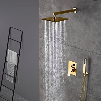 Cascada 12” Square Shower System (Wall Mounted) with Single Handle & square knob, 2 Functions (Rainfall & Handheld) (Brushed Gold) - color: Brushed Gold