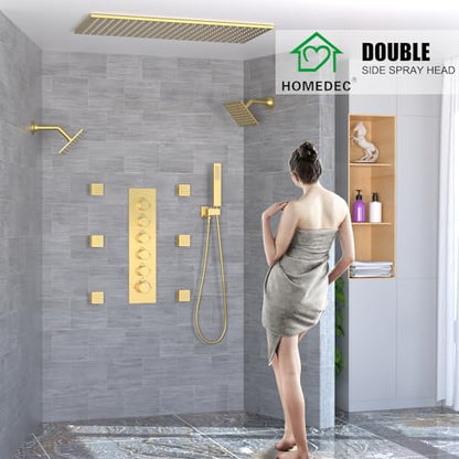 HOMEDEC 15.7x31.5" Ceiling Rain Shower System with Handheld, 6 Spray Jets, and Dual Side 6" Wall Mount Shower Head, Brushed Gold - color: Brushed Gold, style: 5-Way + 2x 6" Top