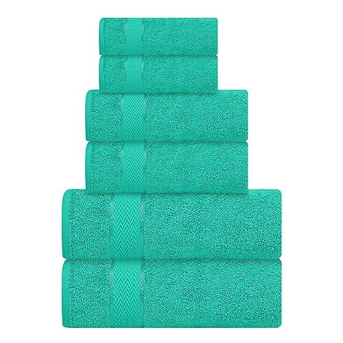 CRAFTBERRY- 6 Piece Cotton Bath Towel Set- 2 Bath - 2 Hand - 2 Face, Teal | 100% Cotton • Thick & Plush • Hotel Quality • Ultra Soft • Highly Absorbent • Quick Dry • Low Lint • Machine Washable - color: Teal