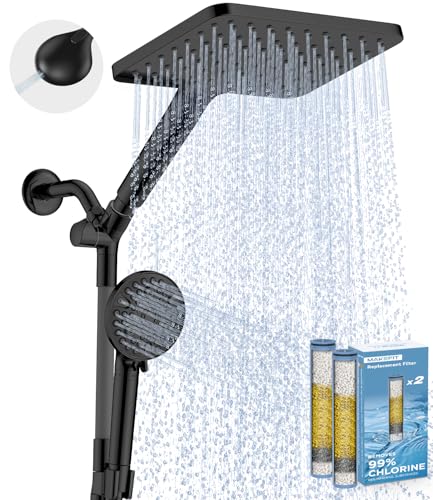 MakeFit Dual Filtered Rain Shower Head Combo, High Pressure Handheld Shower Head with Adjustable Bar - Rainfall Shower Head And Showerhead with Filter for Hard Water - Removes Chlorine - color: Matte Black, size: 10 Inch Filtered