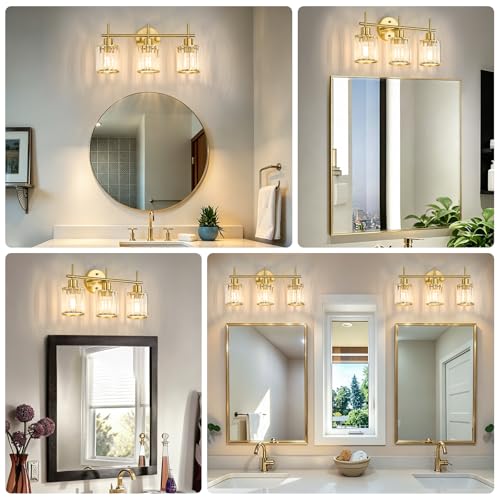 Brushed Gold Bathroom Light Fixtures, Round, 3-Light | Vanity Lights with Crystal Shades, Modern Bathroom Lighting Fixtures over Mirror (Bulbs Not Included, E26) - color: Brushed Gold (Round), size: 3-Light