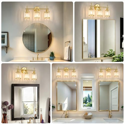 Brushed Gold Bathroom Light Fixtures, Round, 3-Light | Vanity Lights with Crystal Shades, Modern Bathroom Lighting Fixtures over Mirror (Bulbs Not Included, E26) - color: Brushed Gold (Round), size: 3-Light