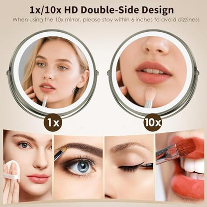 8.5" Wall Mounted Lighted Makeup Mirror, 3000 mAh Rechargeable Double-Sided 1X 10X Magnifying Mirror, 3 Color Lighting, Touch Screen Dimming, Extended Arm 360 Rotation Bathroom Mirro, Brushed Nickel - color: Brushed Nickel Wall-mounted