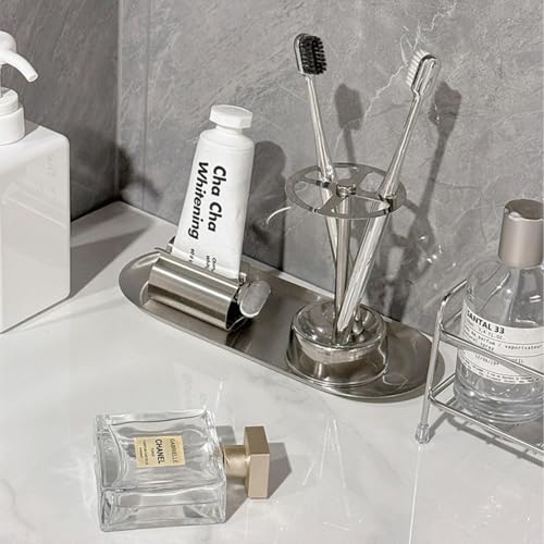 OUKENS Multi Functional Stainless Steel Toothbrush, Toothbrush Holder Stand, Holder Organizer Toothpaste Stand for Bathroom Vanity Countertop, Stylish Design