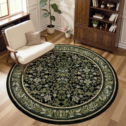 GarveeHome Soft Round Rugs 5ft, Washable Boho Vintage Circle Rug Non Slip Low Pile Stain Resistance Indoor Throw Carpet for Living Room Bedroom Kitchen Dining Room, Green Black - color: Green Black, size: 5' (Round)