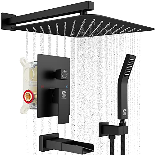 SR SUN RISE 16 Inch All Metal Square Shower System with Tub Spout, Tub Shower Faucet Set, High Pressure Rain Shower Head and Handheld Sprayer Shower Fixtues, Valve Included, Matte Black - color: Matte Black, size: 16 Inch