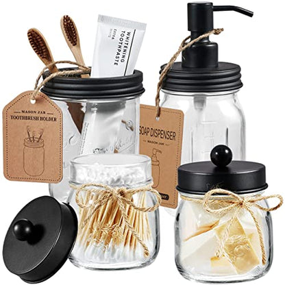 Amolliar Mason Jar Bathroom Accessories Set, 4Pcs Glass Bathroom Set, Black | Lotion Soap Dispenser, 2 Cotton Swab Holders, Toothbrush Holder, Farmhouse Rustic Bathroom Decor, Perfect Decorating Idea - size: Black, style: Standard-mouth