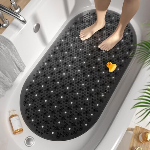 HITSLAM Non Slip Bathtub Mat, 27x15 Inch Bath Mat for Tub with Suction Cups and Drainage Holes, Machine Washable Oval Shower Mat for Kids, Seniors and Daily Use, Phthalate Free PVC, Black - color: Black, size: 27" x 15" (Oval)