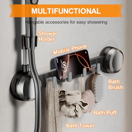 Shower Head Holder Suction Cup with 4 Hanger Hook Wall Mount - 2 in 1 Design - No-Drill Strong Adhesive Shower Wand Bracket - Adjustable Handheld Shower Head Mount - Gun Gray - color: Gun Gray