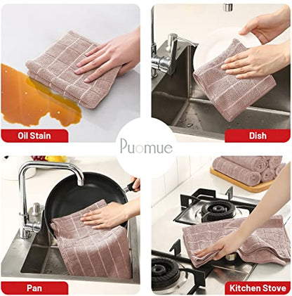 Puomue Microfiber Kitchen Towels and Dishcloths Set, 26 X 18 Inch and 12 X 12 Inch, Set of 12 Bulk Lint Free Dish Towels for Drying Dishes, Camel - color: Camel