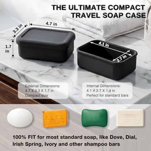 HighHerz Leak Proof Silicone Travel Soap Case with Draining Tray - Bar Soap Holder for Travel, Gym & Camping - Mess-Free Portable Soap Container for Carry-on Bags (Black) - color: Black