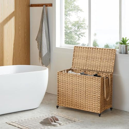 Laundry Hamper with Wheels, 60.72 Gallon(230L) Rolling Laundry Basket with Lid, Removable Large 3 Color Liners & 3 Mesh Laundry Bags, Clothes Hamper with Side Pocket, Natural - color: Natural, size: 35.43"L x 15.75"W x 25.6"H