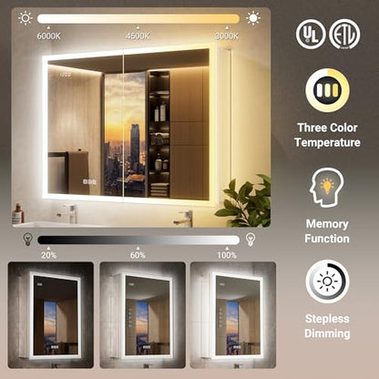 24x32 Front & Backlit Medicine Cabinet with LED Lights, 155°Soft-Close Hinge, Surface or Recessed Dimmable Lighted Medicine Cabinet Mirror with Clock Outlet Inner Light,Anti-Fog - size: 24x32'' (Left Hinge)