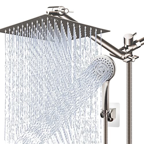 Shower Head Combo,12" Brushed Nickel High Pressure with 11" Extension Arm | Rain Shower Head with 5 Settings Handheld Shower Head Combo,Powerful Shower Spray Against Low Pressure Water - color: Nickel, size: 12" Showerhead Set