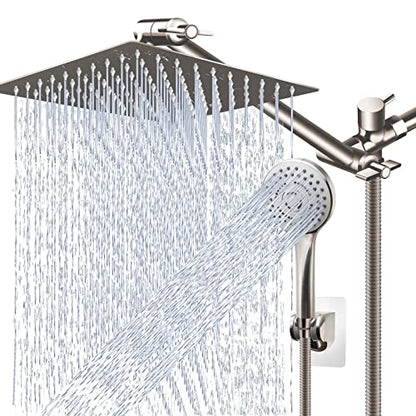 Shower Head Combo,12" Brushed Nickel High Pressure with 11" Extension Arm | Rain Shower Head with 5 Settings Handheld Shower Head Combo,Powerful Shower Spray Against Low Pressure Water - color: Nickel, size: 12" Showerhead Set