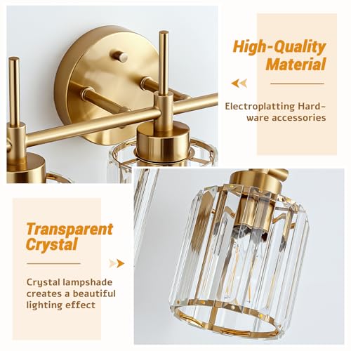 EJIAXIN Bathroom Lighting Fixtures, 3 Light Gold Bathroom Light Fixtures with Clear Shades Modern Crystal Vanity Light Bath Room Vanity Lighting Over Mirror Wall Light - color: Gold 3 Light, size: 3 Light