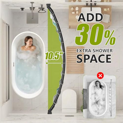 Curved Shower Curtain Rod， Adjustable 33-78 Inches Matte Black All Stainless Steel Curved Shower Rod，Shower Curtain Rod for Extra Shower Space for Bathroom, Bathtub, Stall, No Rust, Need to Drill - color: Black
