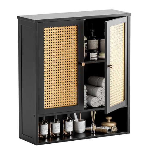 HITNET Wall Mounted Bathroom Cabinet, Rattan Hanging Cabinet, Space-Saving Bathroom Wall Cabinet with 2 Doors and Adjustable Shelves, Black - color: Black
